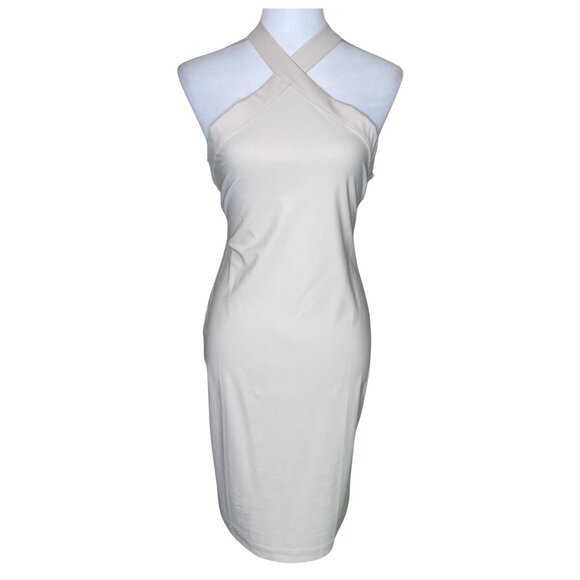 H&M NWT Beige Criss Cross Halter Back Bodycon Midi Dress L 12 Occasion Event - Picture 1 of 9
